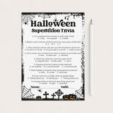 A Halloween superstition trivia worksheet with black text and spider-themed borders, shown on a white background next to a white pencil.