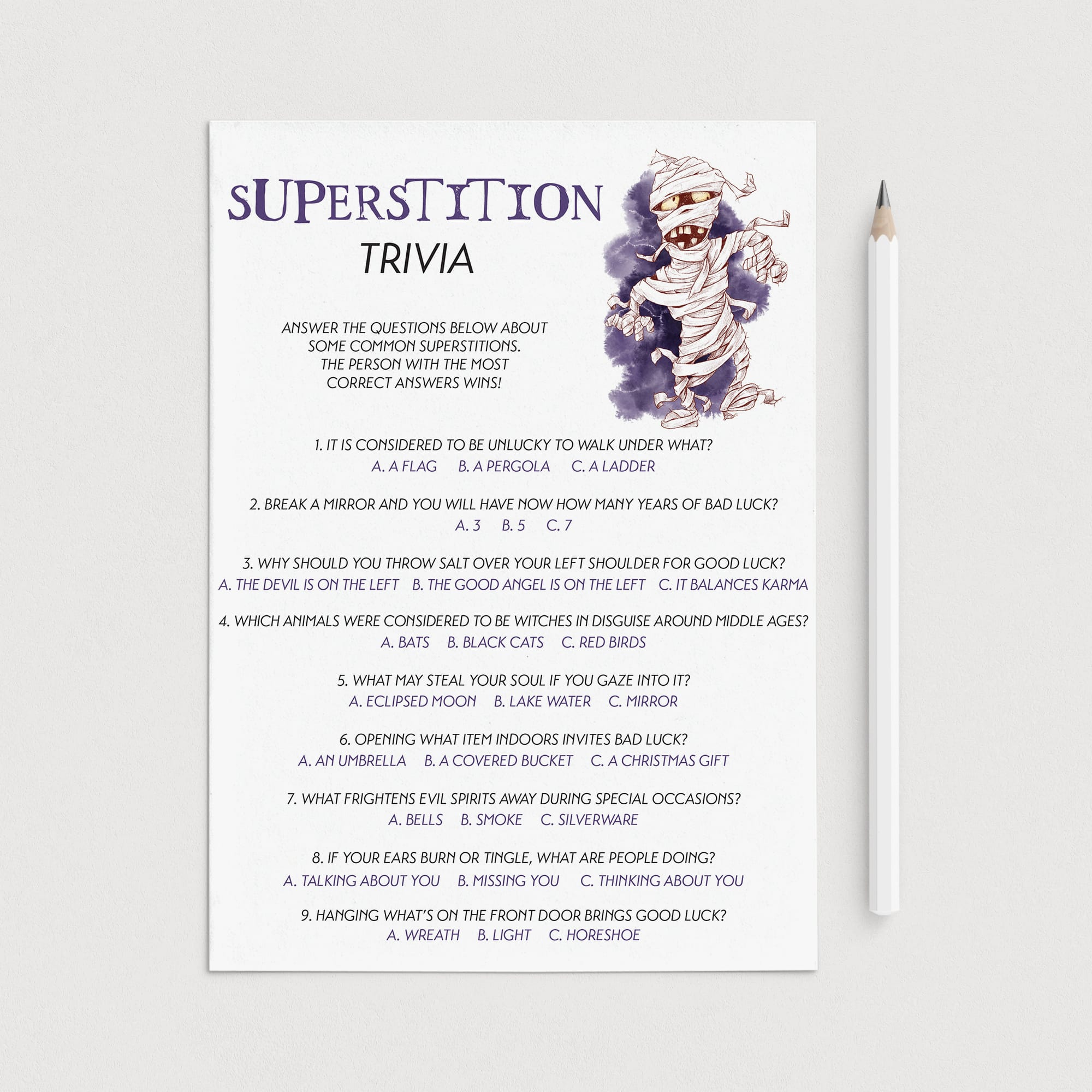 Superstition Quiz Questions and Answers for Halloween Party Printable by LittleSizzle