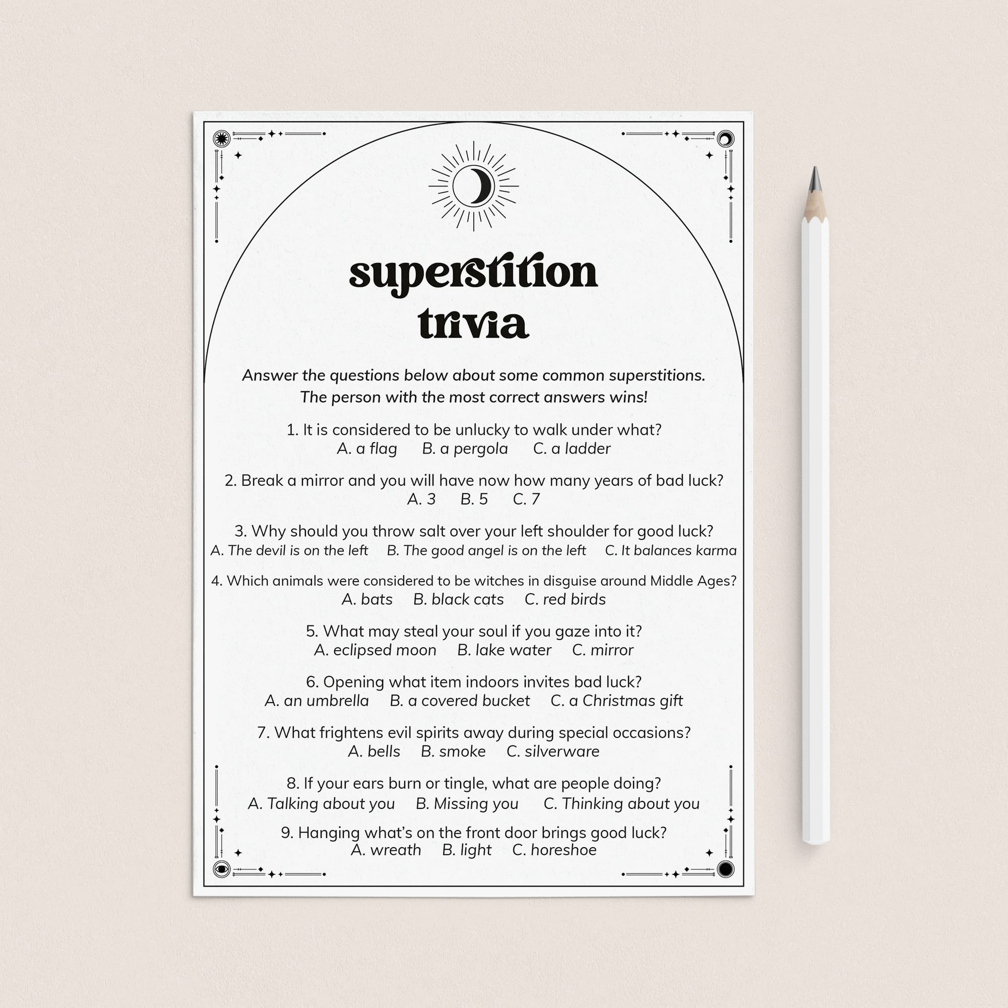 Superstitions Trivia Quiz Questions and Answers Printable by LittleSizzle