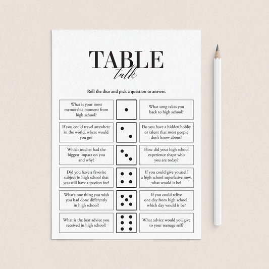 Class Reunion Icebreaker Questions Table Talk Dice Game Printable by LittleSizzle