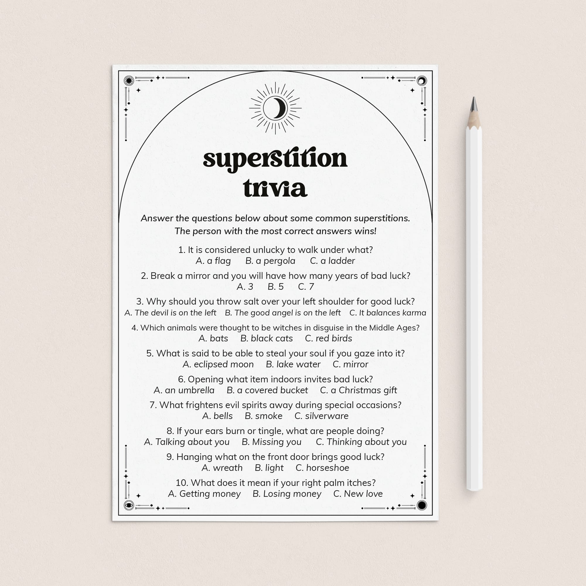 Superstitions Trivia Quiz Questions and Answers Printable by LittleSizzle