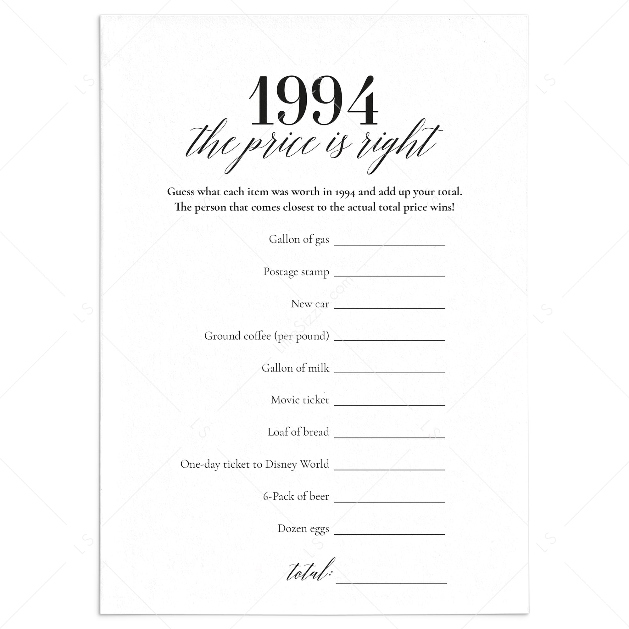 1994 The Price Is Right Game with Answers Printable by LittleSizzle