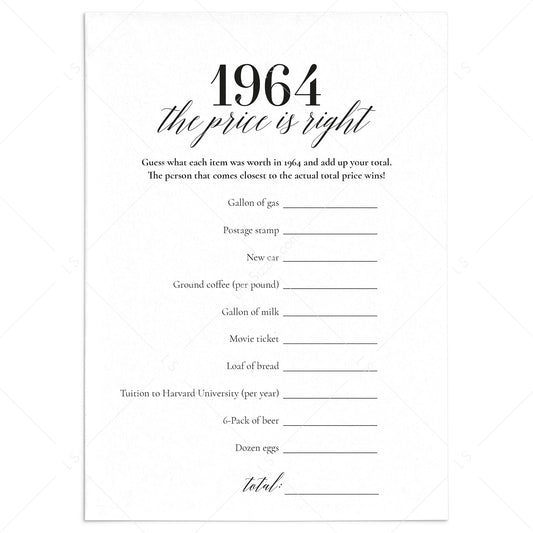 1964 The Price Is Right Game with Answers Printable by LittleSizzle