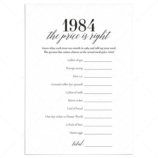 1984 The Price Is Right Game with Answers Printable by LittleSizzle