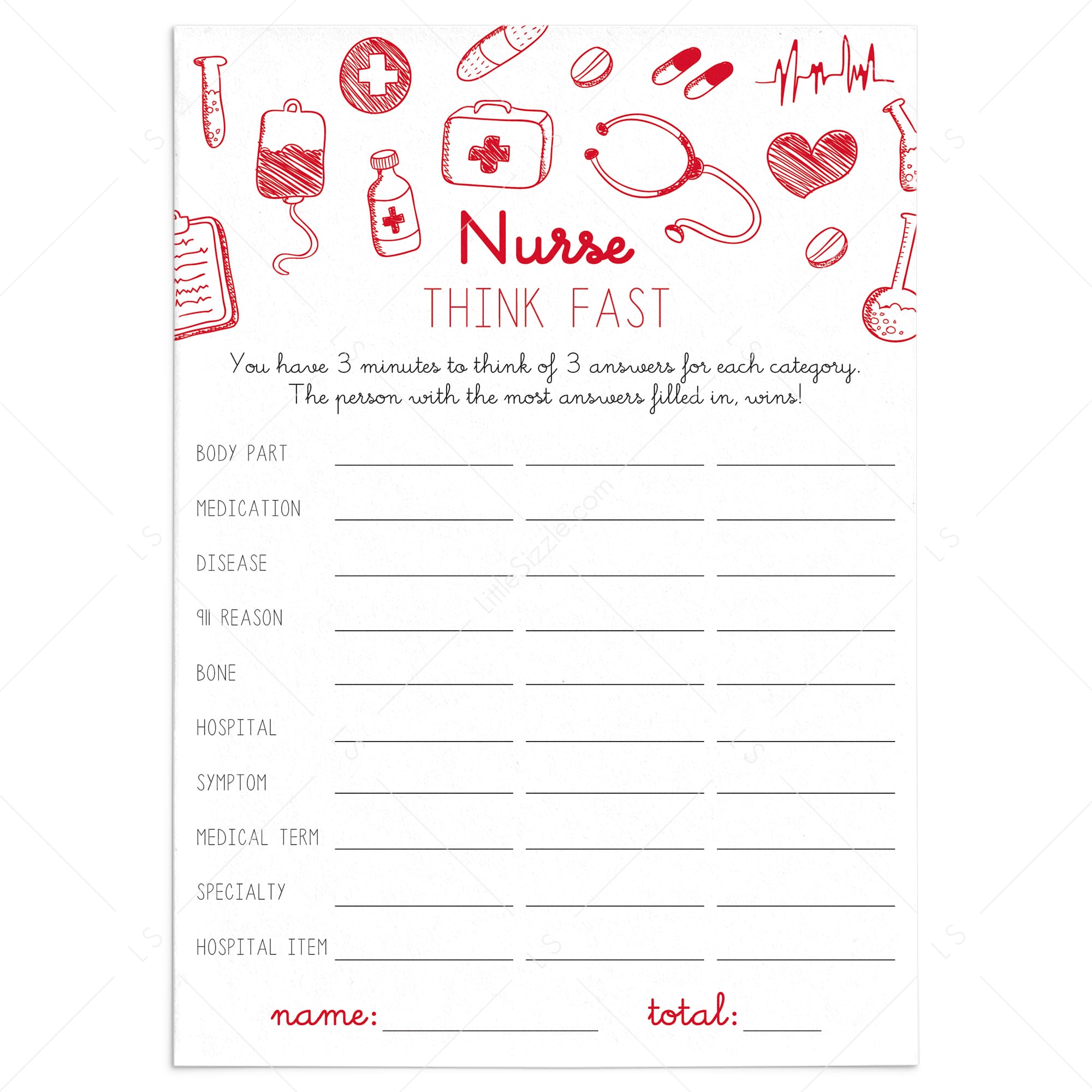 Printable Nurse Party Game Think Fast by LittleSizzle