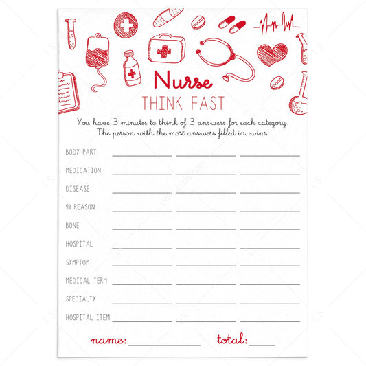 Printable Nurse Party Game Think Fast by LittleSizzle