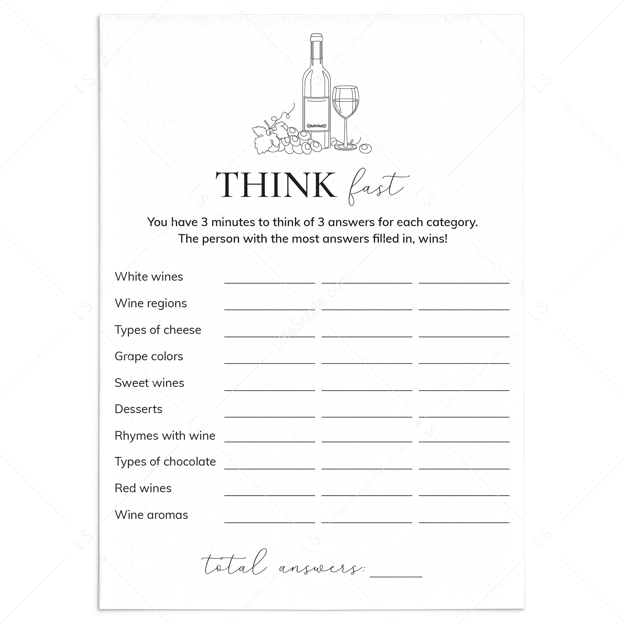 Wine Game Printable Think Fast by LittleSizzle