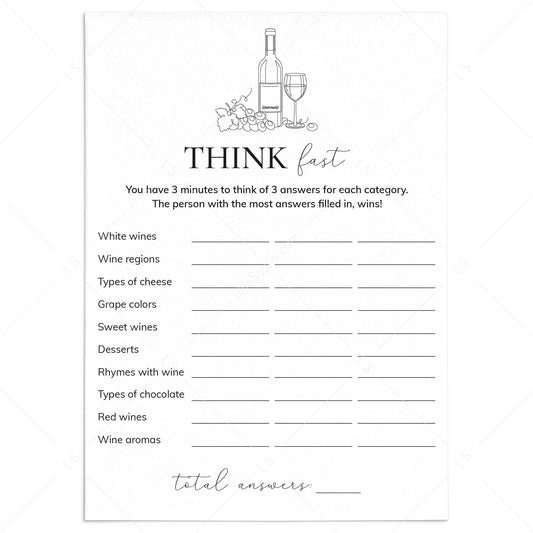 Wine Game Printable Think Fast by LittleSizzle