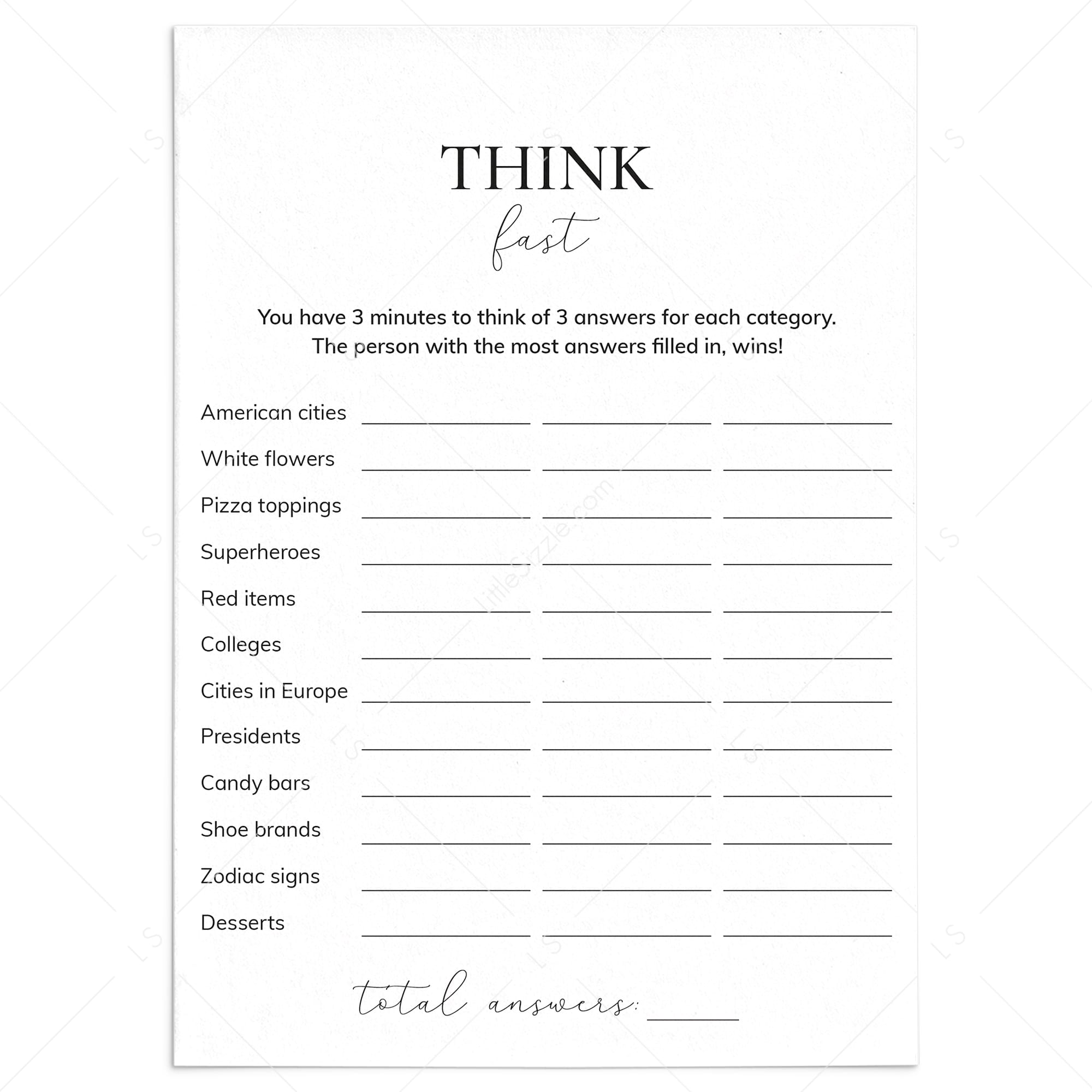 Printable Icebreaker Game Think Fast Instant Download by LittleSizzle