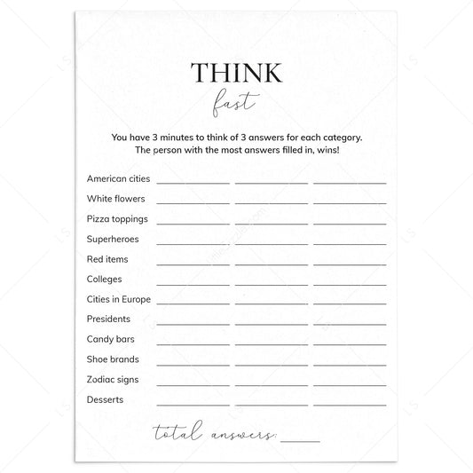 Printable Icebreaker Game Think Fast Instant Download by LittleSizzle