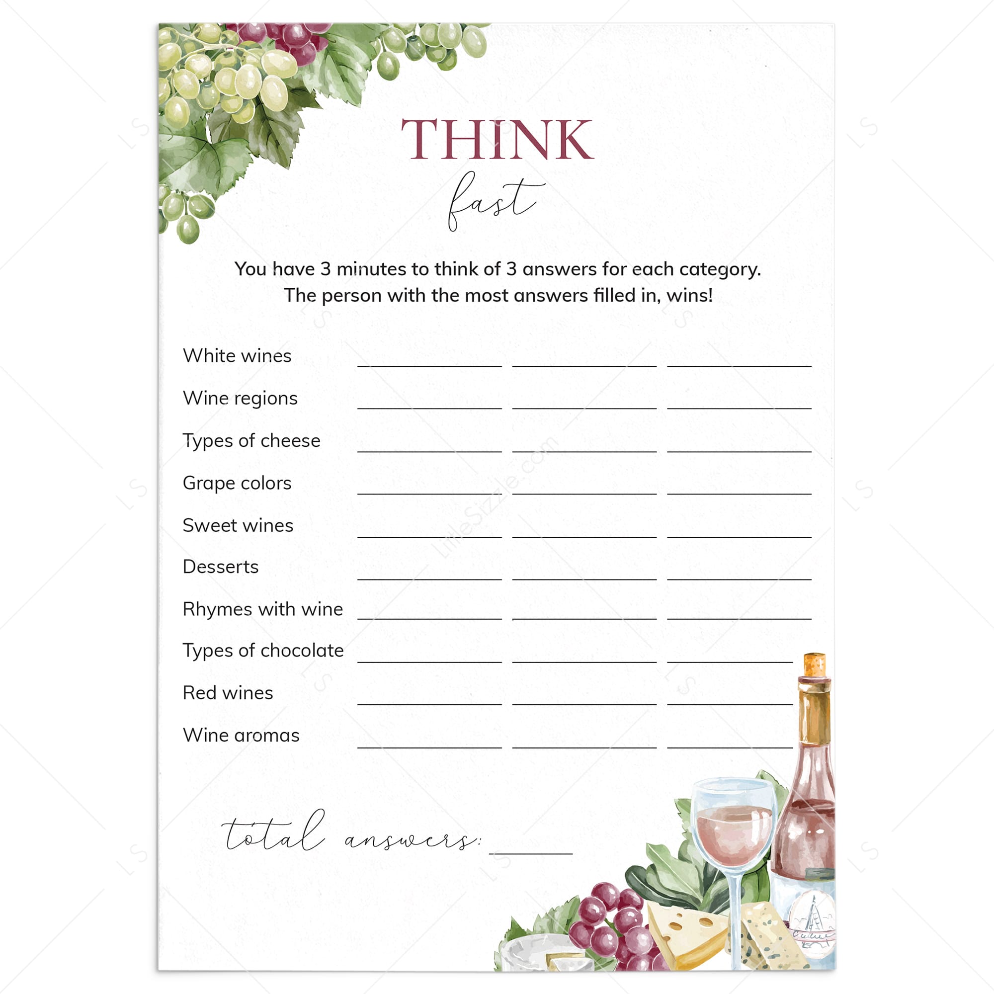 Printable Wine Party Game Think Quick by LittleSizzle