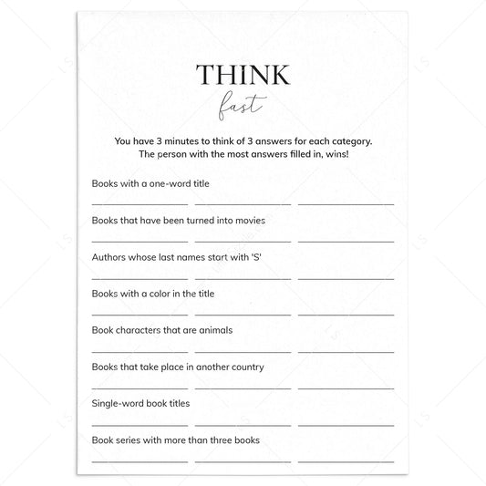 Book Club Think Fast Printable by LittleSizzle
