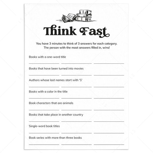 Printable Book Club Game Think Fast Digital Download by LittleSizzle