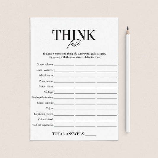 Class Reunion Game Think Fast Printable by LittleSizzle