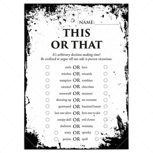 Horror Game For Halloween Party Printable This or That by LittleSizzle