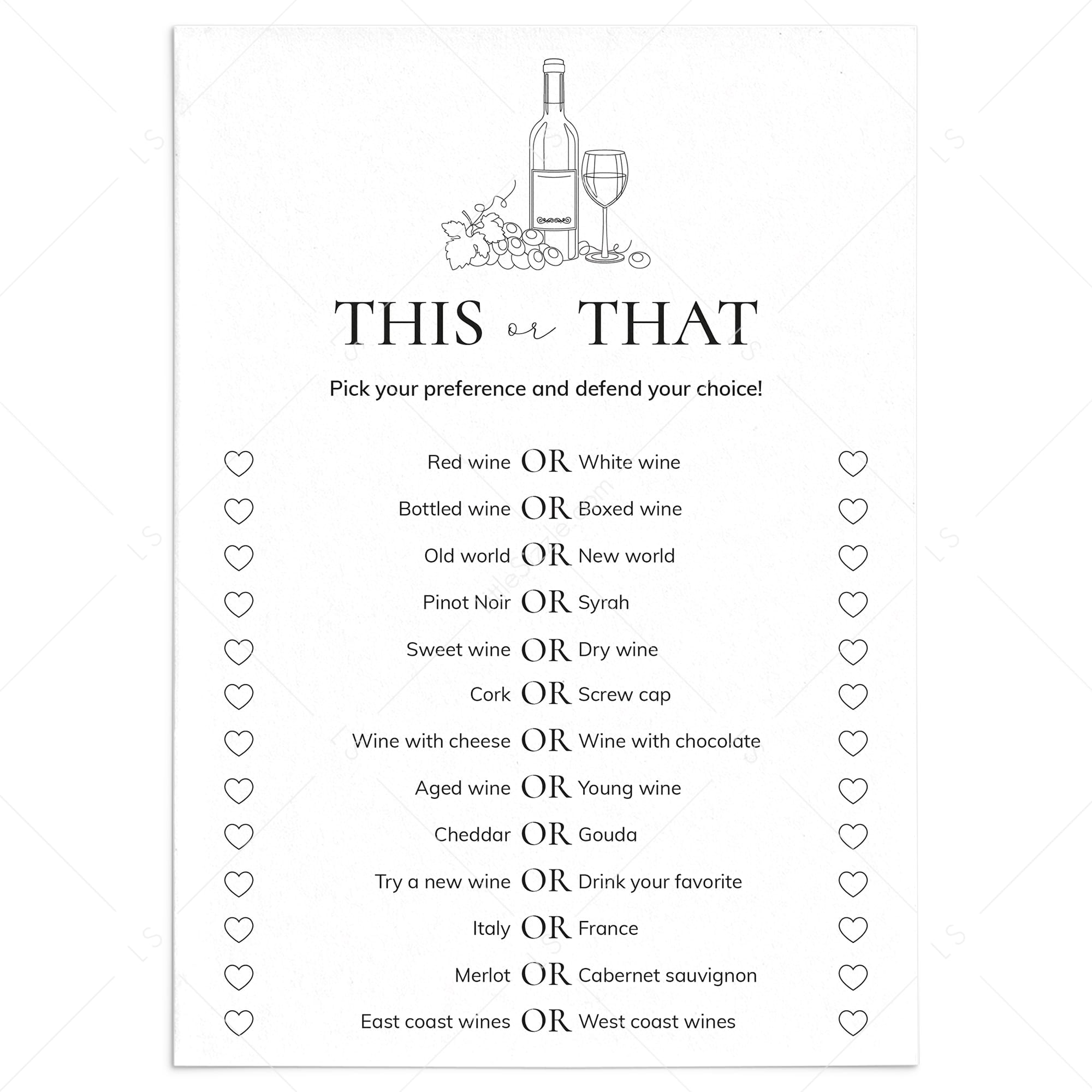 Wine Tasting Party This or That Questions Printable by LittleSizzle