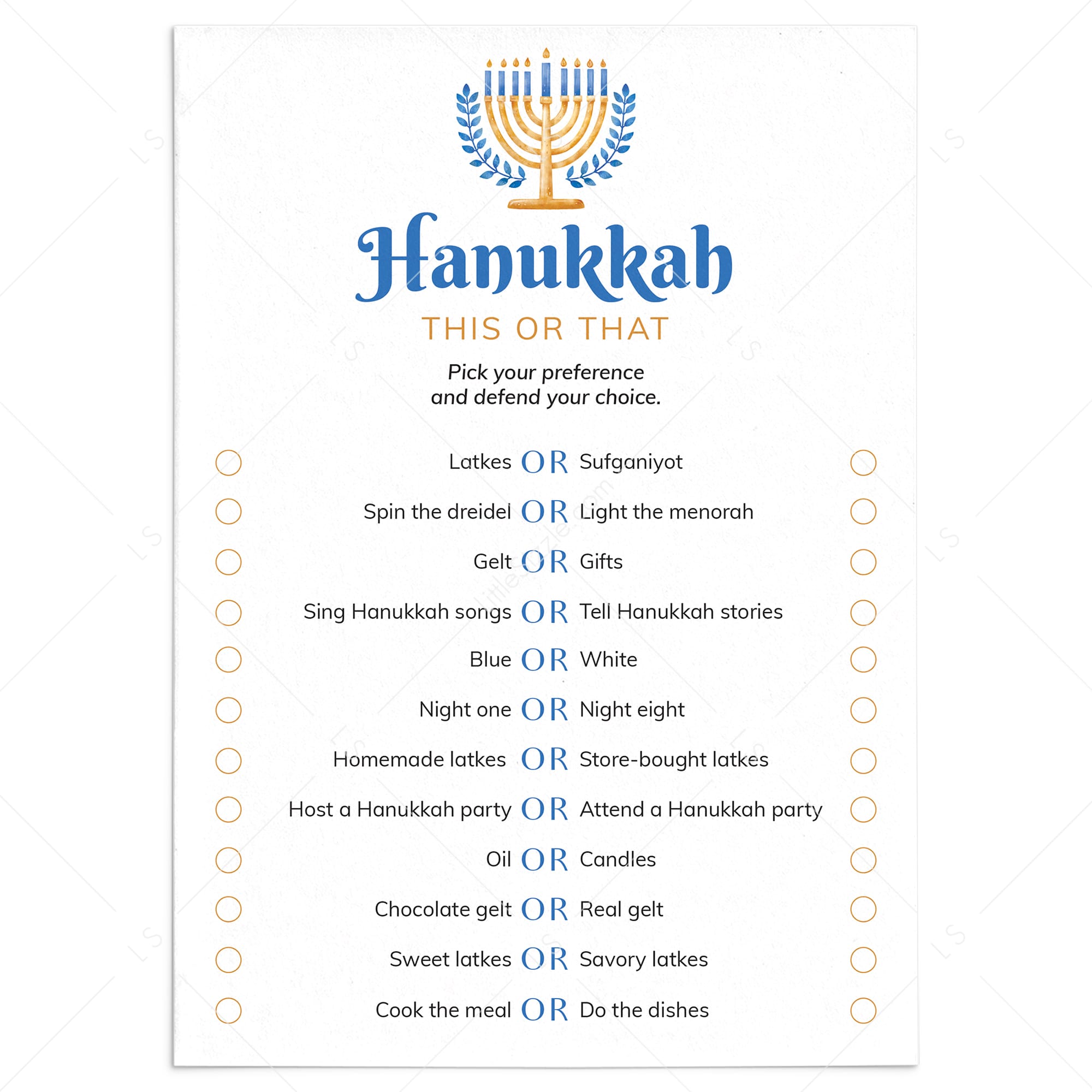 Hanukkah This or That Party Game Printable by LittleSizzle