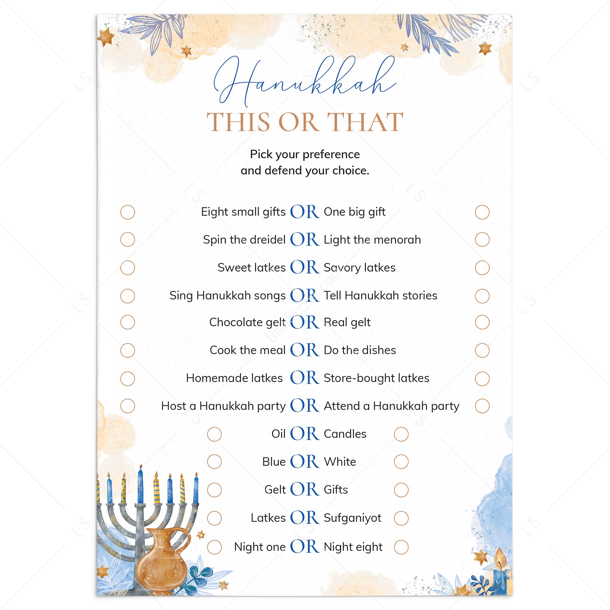 Fun Hanukkah This or That Questions for Family Printable by LittleSizzle