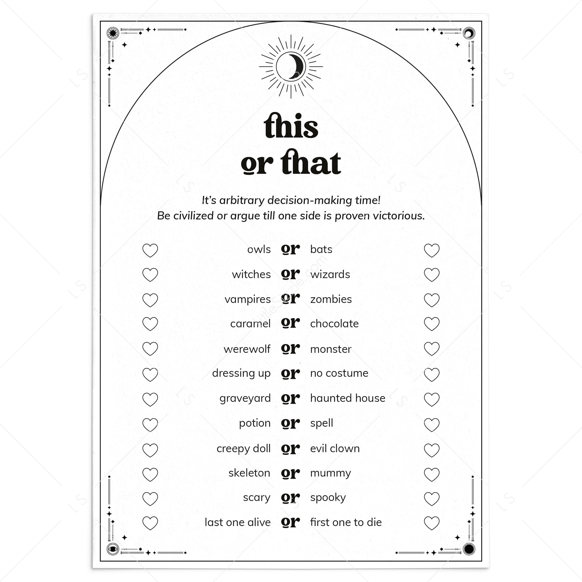 Halloween This or That Questions Sheet Printable by LittleSizzle