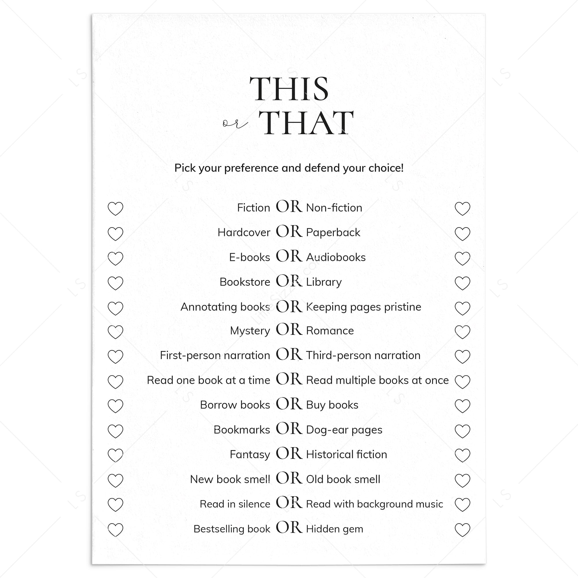 Book Club This or That Questions Printable by LittleSizzle