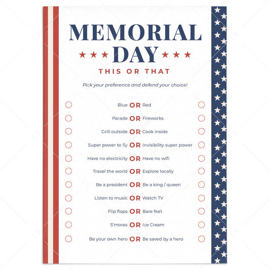 Memorial Day This or That Questions Printable by LittleSizzle