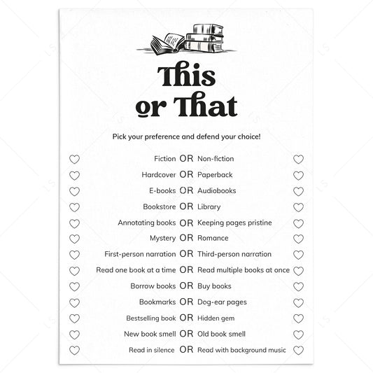 Book Club Ice Breaker Game This or That Printable by LittleSizzle