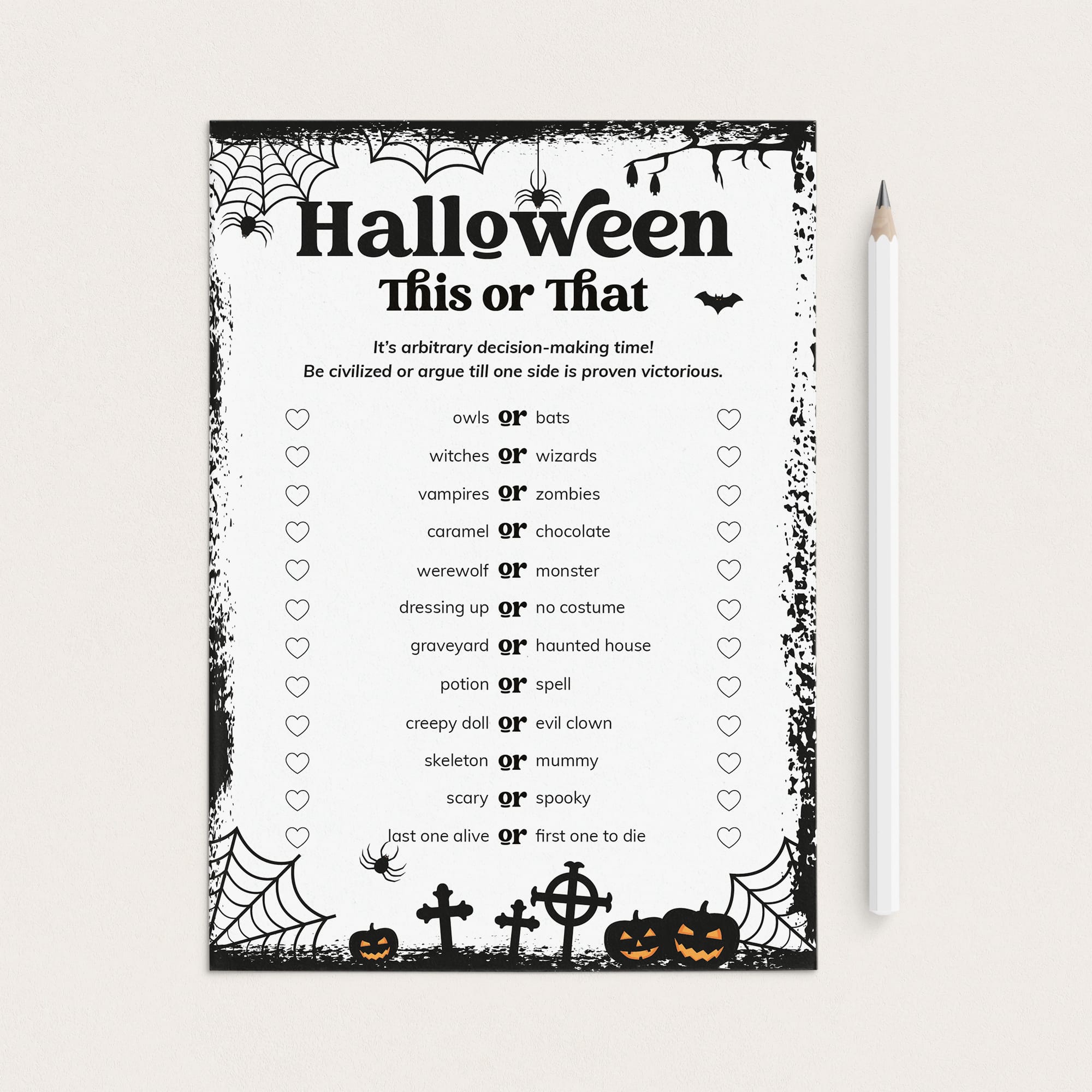 A printable Halloween 'This or That' game card with spooky black-and-white border graphics, a list of themed word pairs, and a white pencil placed to the right on a light beige background.