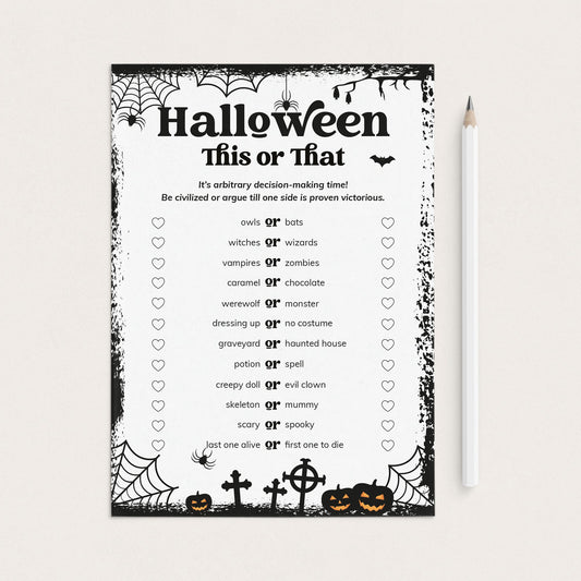 A printable Halloween 'This or That' game card with spooky black-and-white border graphics, a list of themed word pairs, and a white pencil placed to the right on a light beige background.