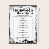 A printable Halloween 'This or That' game card with spooky black-and-white border graphics, a list of themed word pairs, and a white pencil placed to the right on a light beige background.