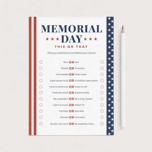Memorial Day This or That Questions Printable by LittleSizzle