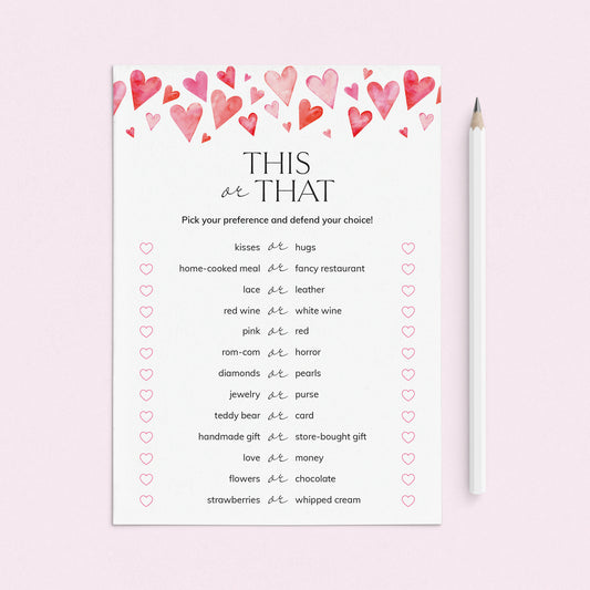 Printable Valentine's Day This or That Game with Watercolor Hearts by LittleSizzle