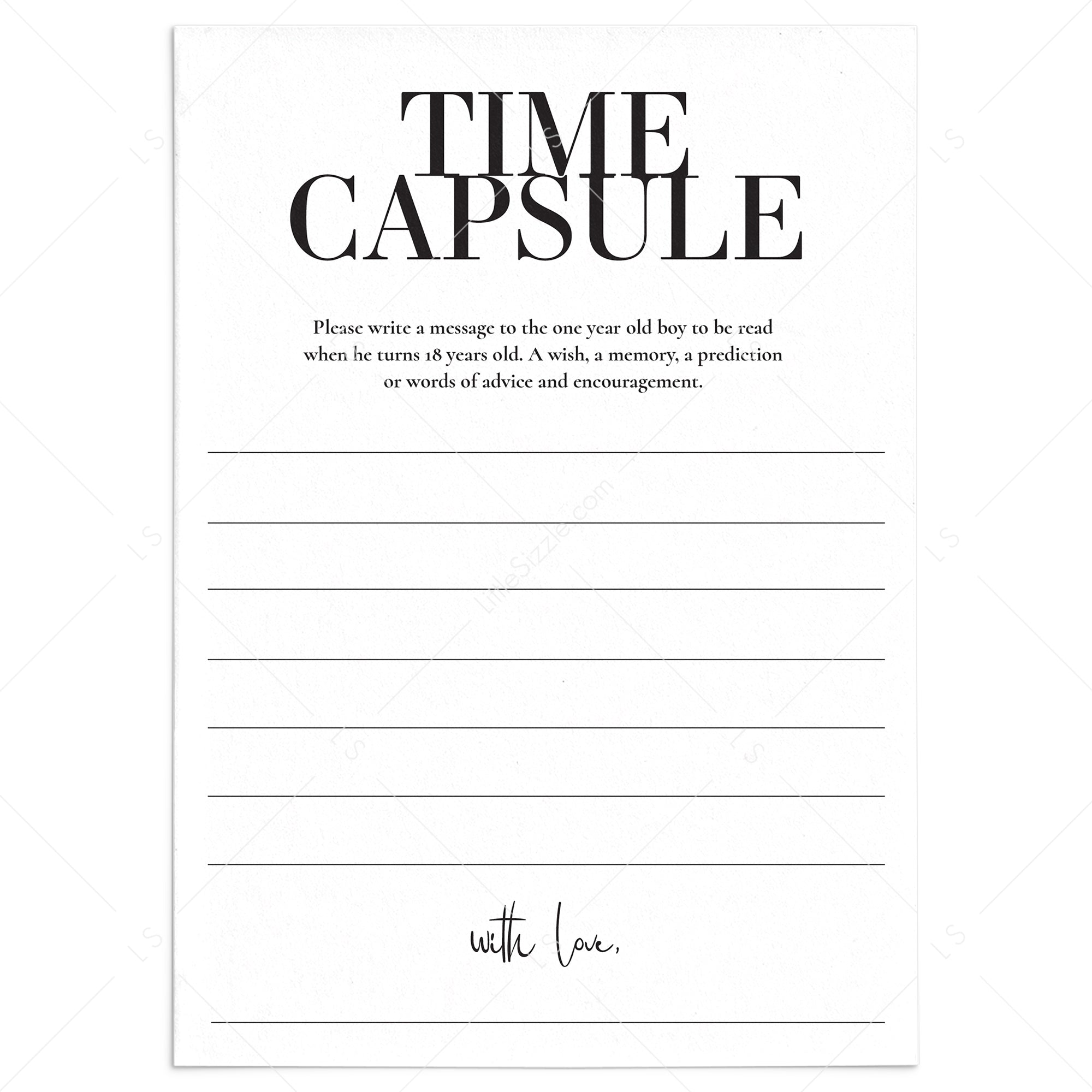 Boy First Birthday Time Capsule Cards Printable by LittleSizzle
