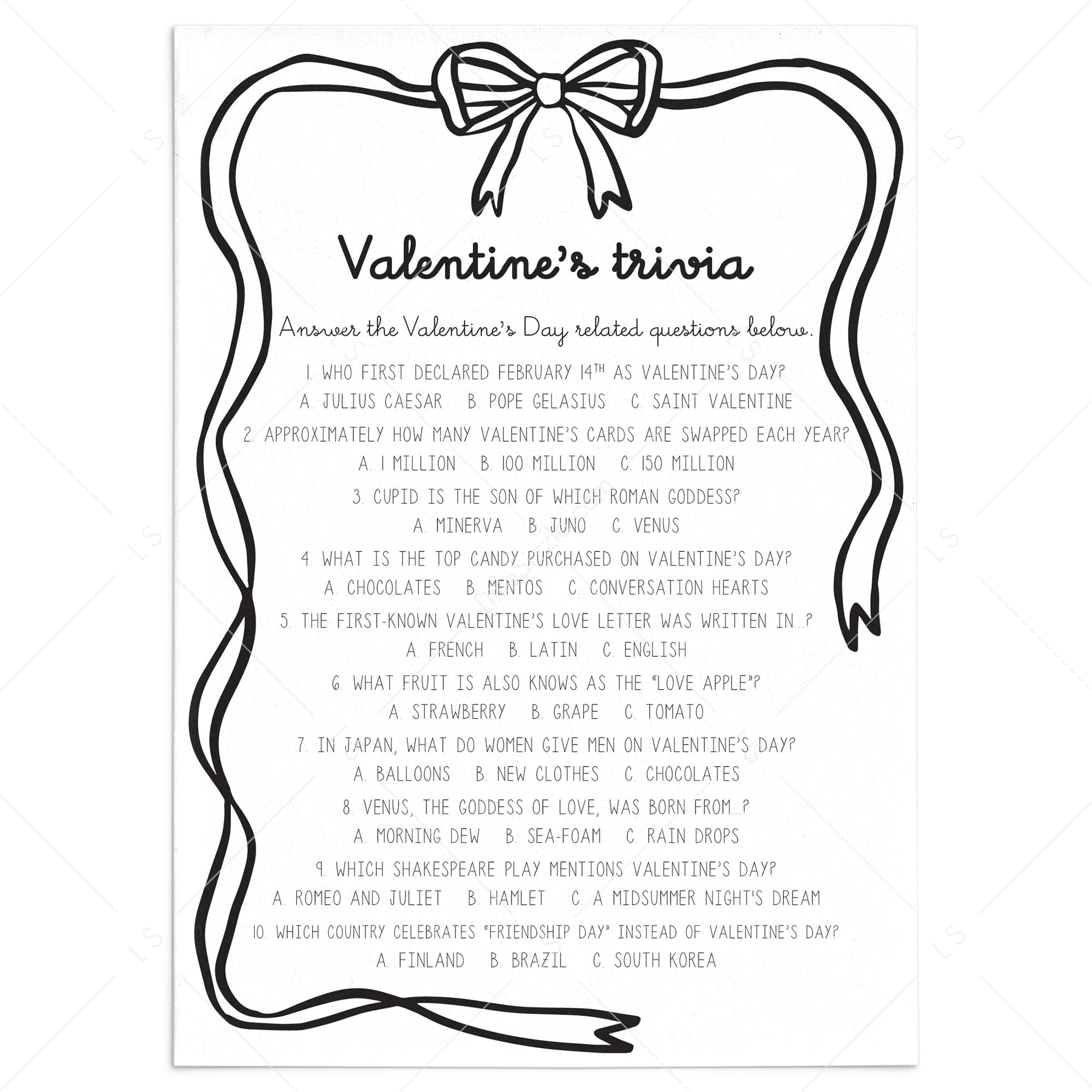 Printable Valentine's Day Trivia Game by LittleSizzle