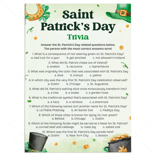 St Patricks Day Trivia Multiple Choice Questions and Answers Printable by LittleSizzle