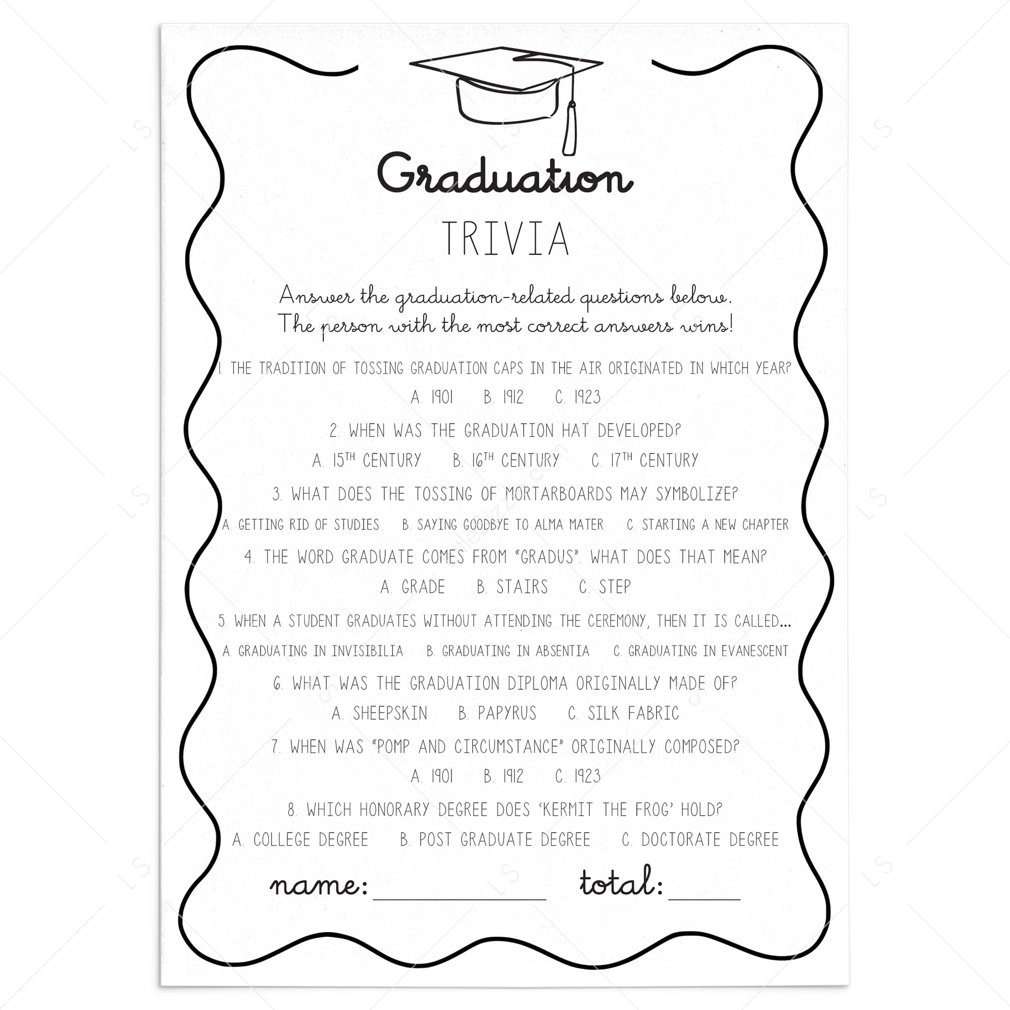 Graduation Party Trivia Questions Answers Included by LittleSizzle