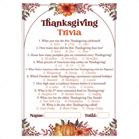 Thanksgiving Quiz Questions and Answers Printable by LittleSizzle