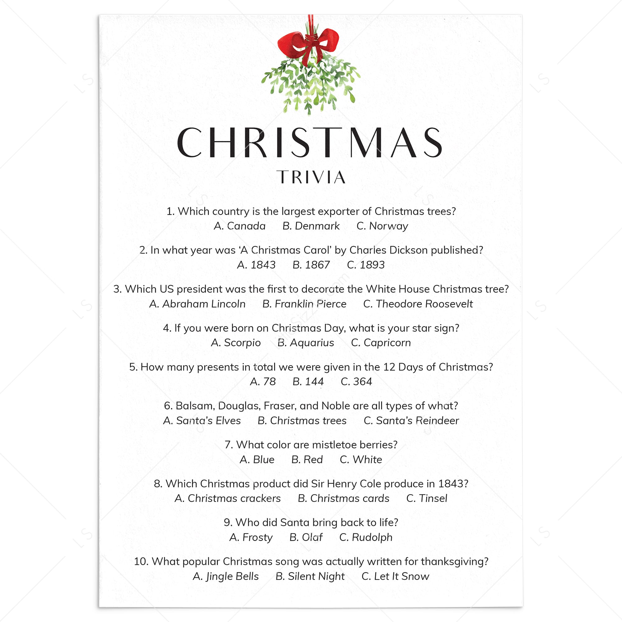 Printable Christmas Trivia Questions and Answers by LittleSizzle