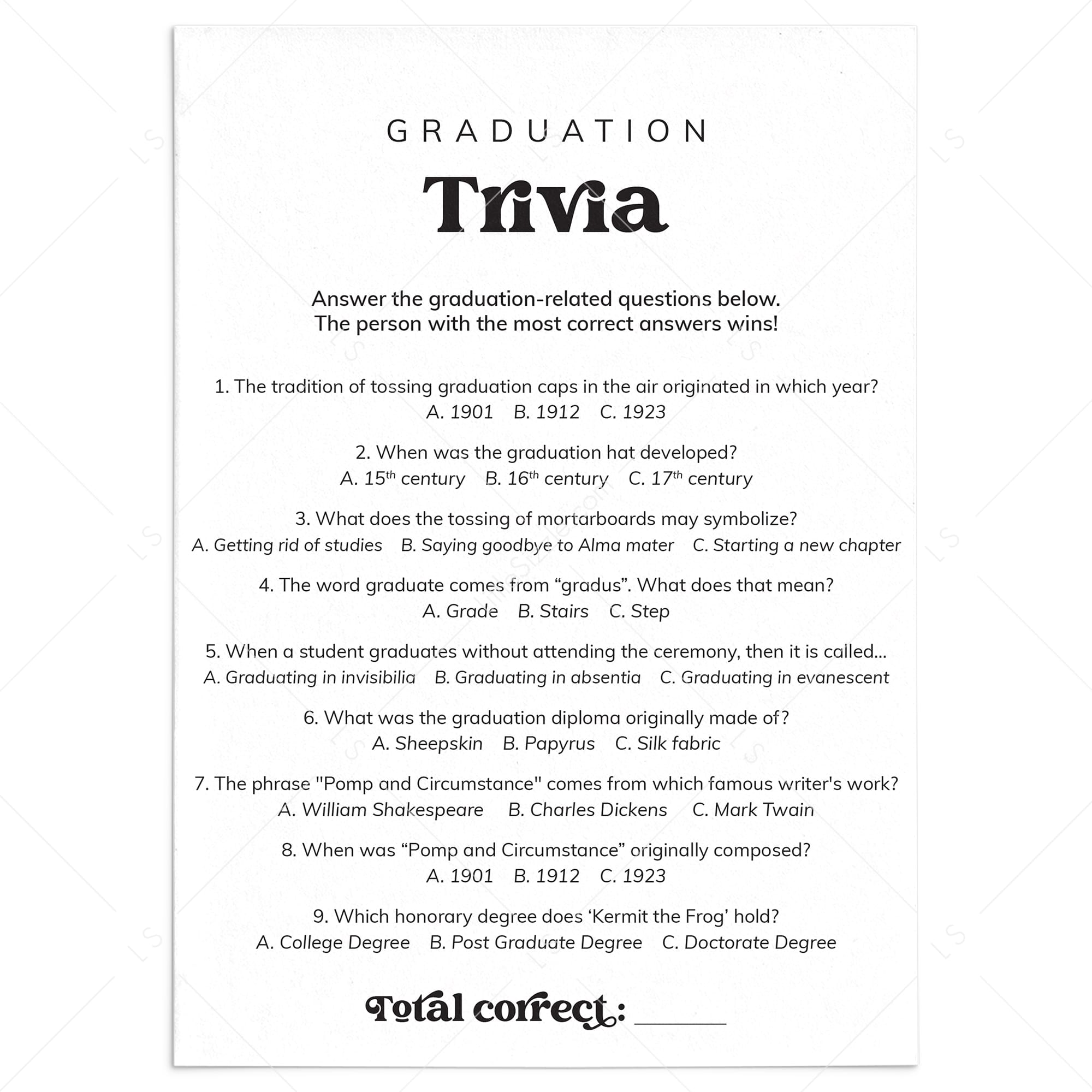 Trivia Questions for Graduation Party with Answers PDF Printable by LittleSizzle