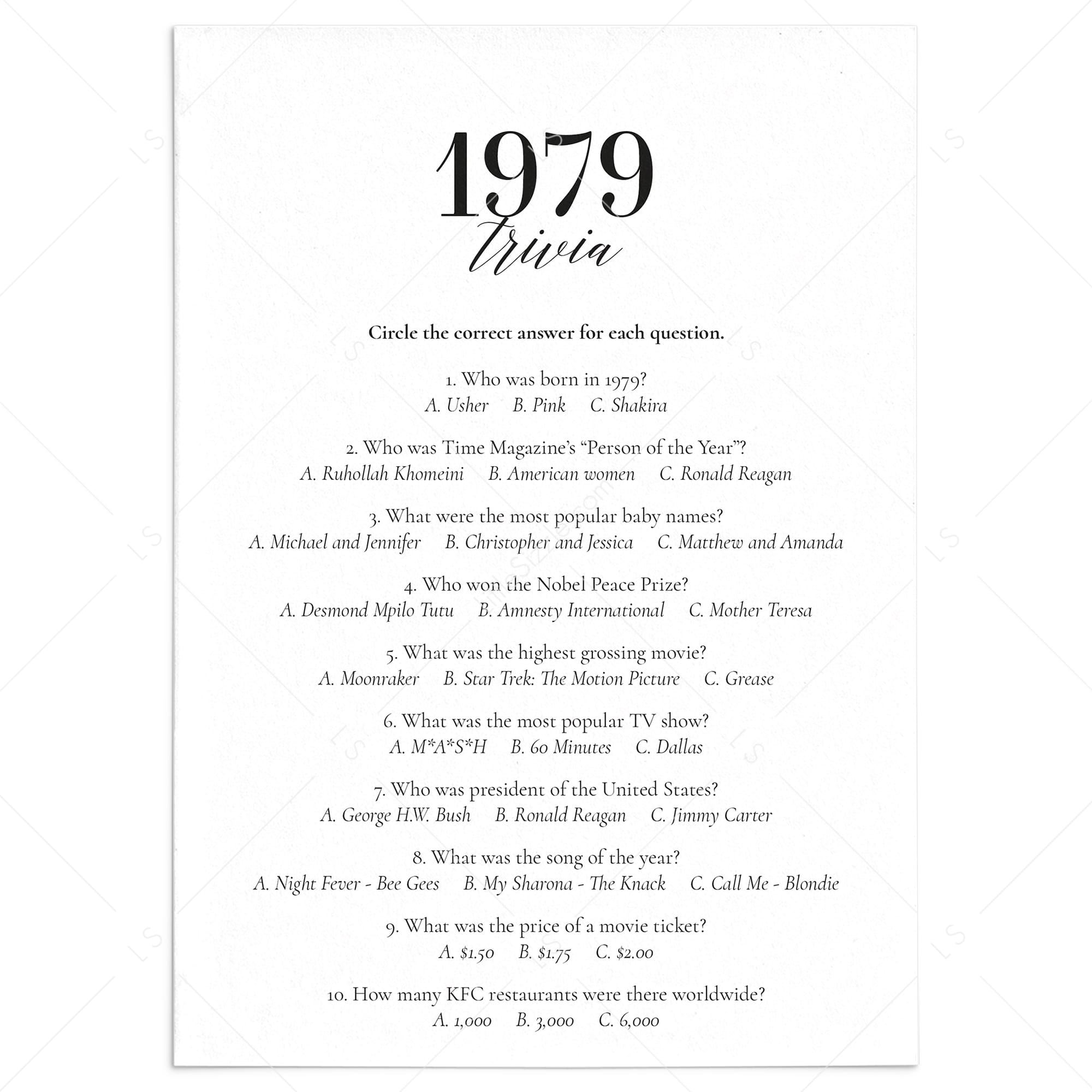 1979 Fun Facts Quiz with Answers Printable by LittleSizzle