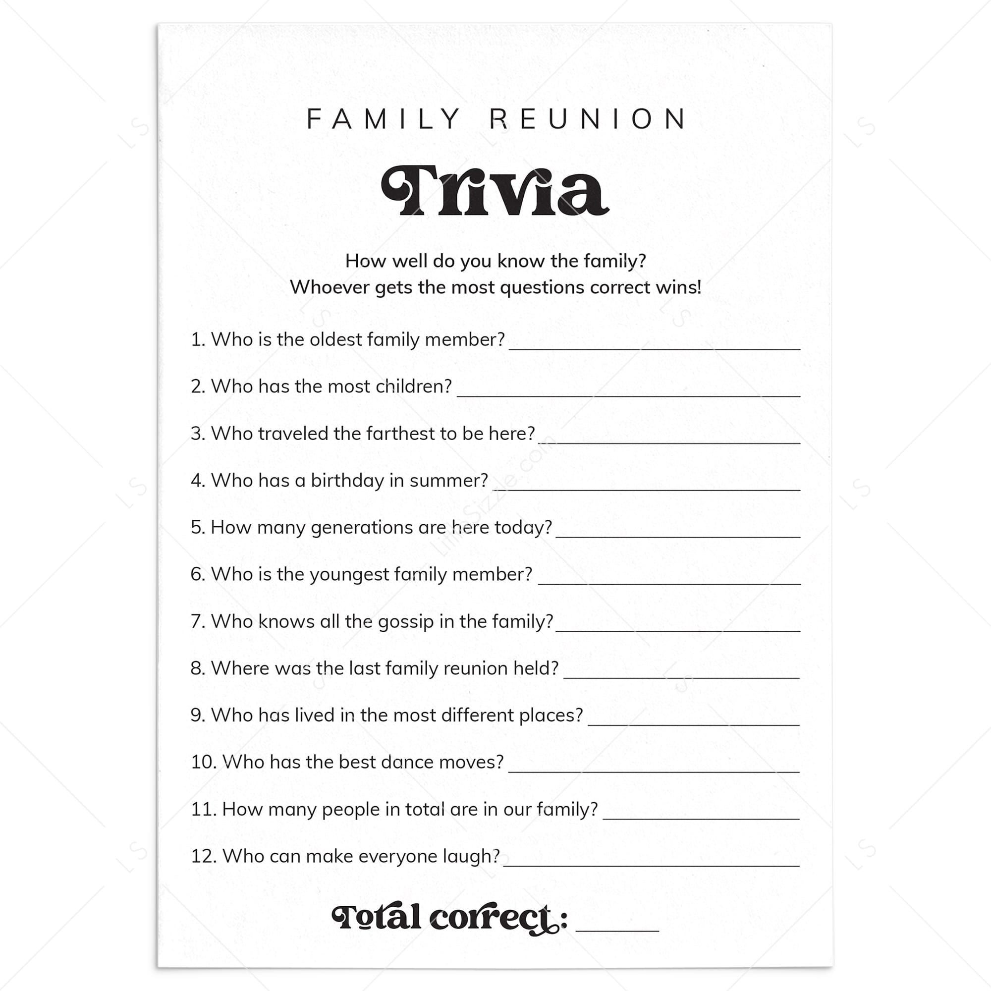 Family Reunion Trivia Questions Printable Icebreaker Game by LittleSizzle