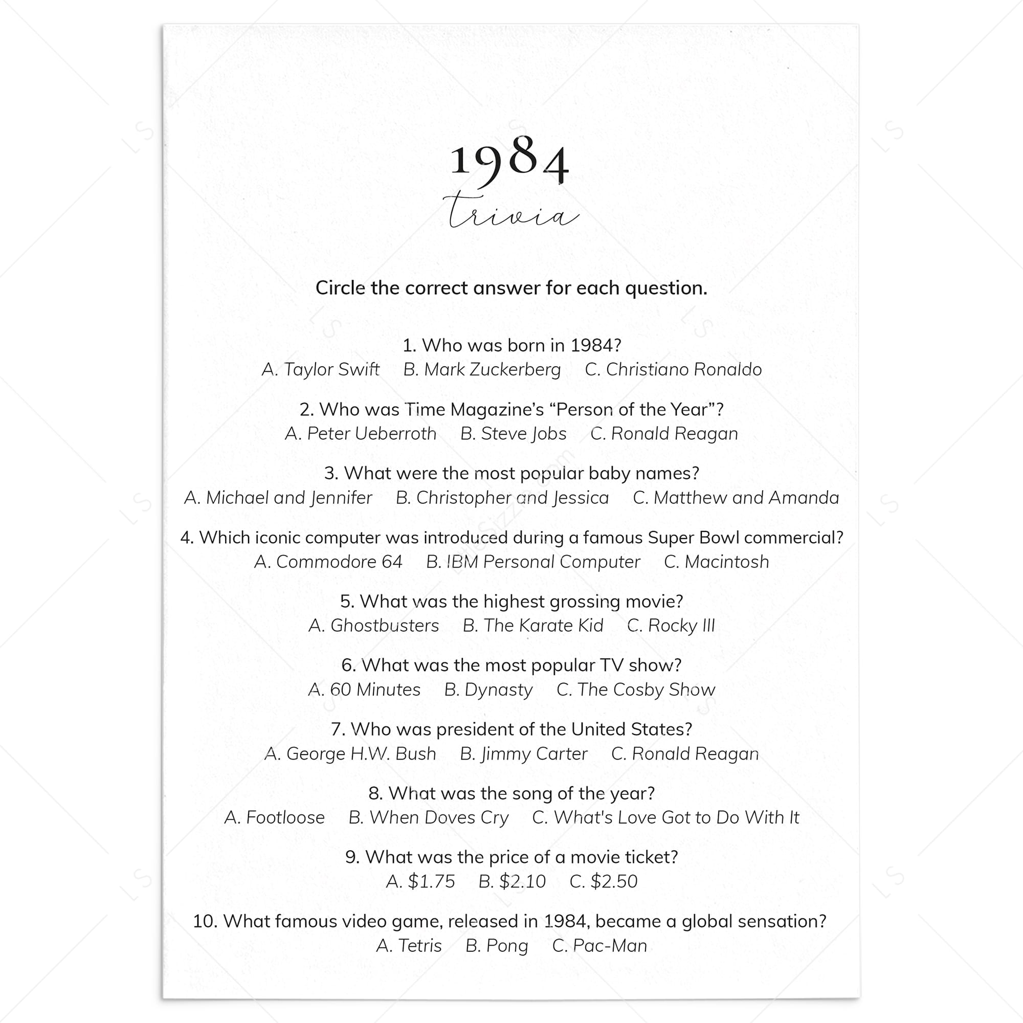 1984 Quiz and Answers Printable by LittleSizzle