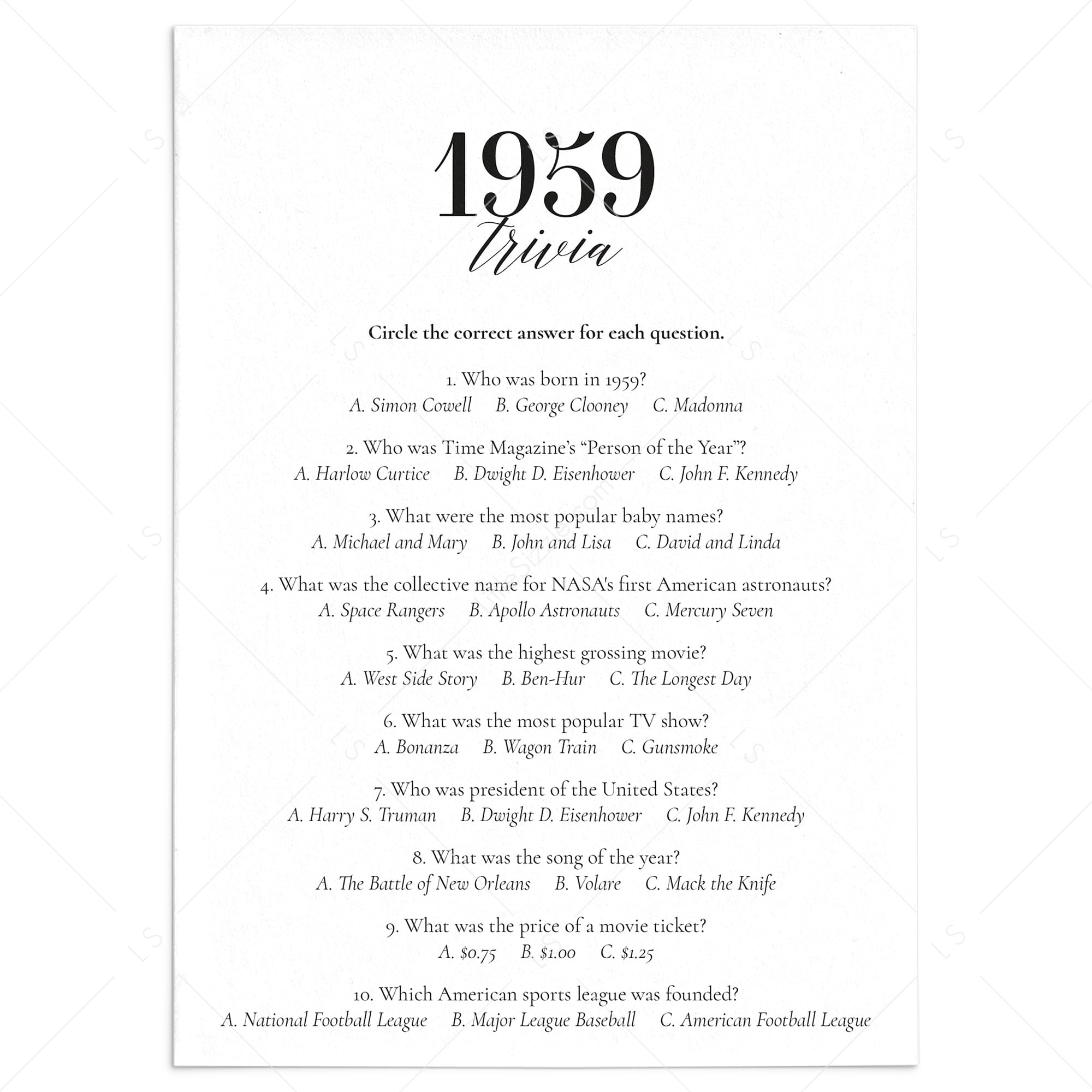 1959 Fun Facts Quiz with Answers Printable by LittleSizzle