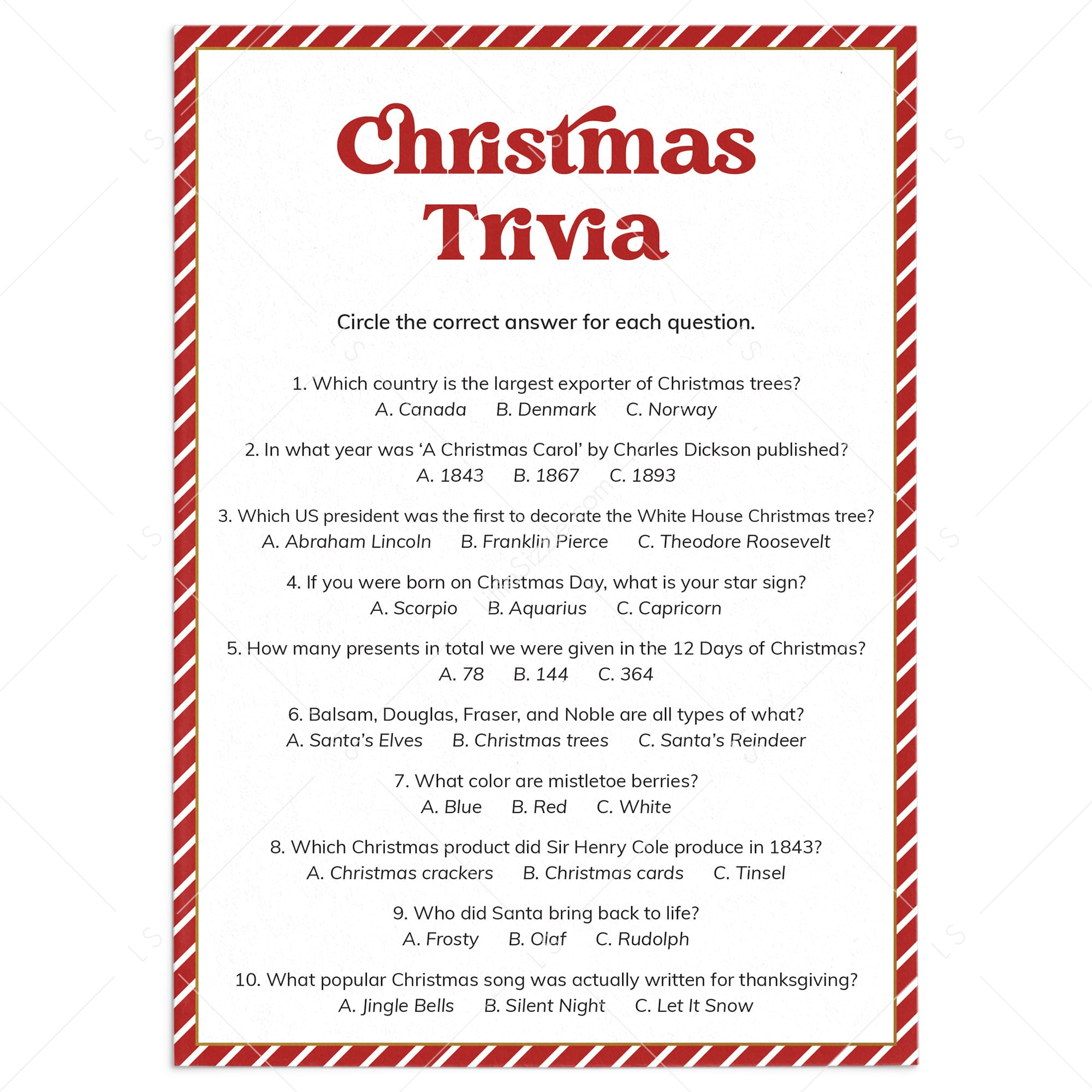 Fun Christmas Trivia and Answers Printable by LittleSizzle