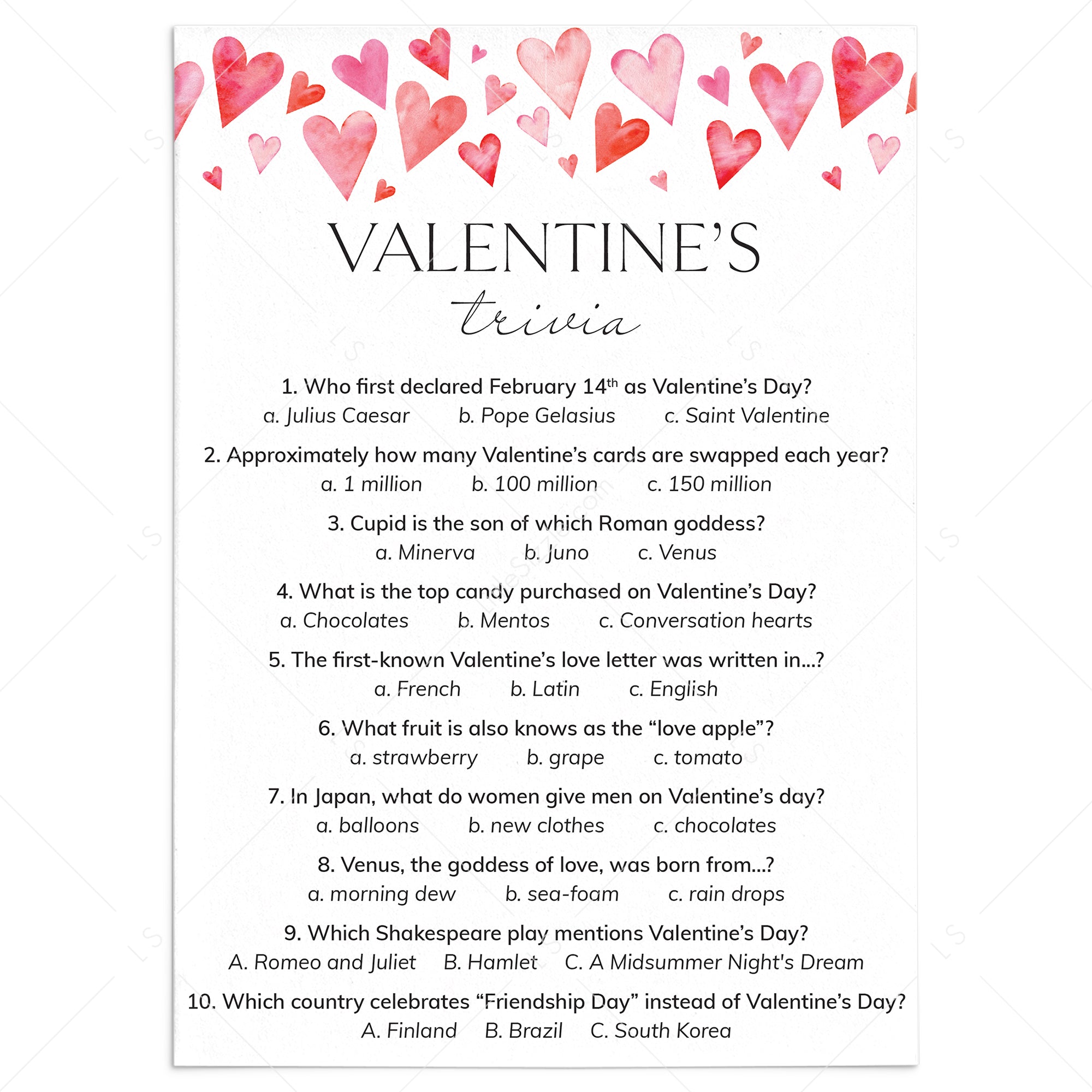 Valentine Trivia Questions and Answers Digital Download by LittleSizzle