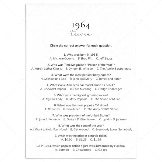1964 Quiz and Answers Printable by LittleSizzle