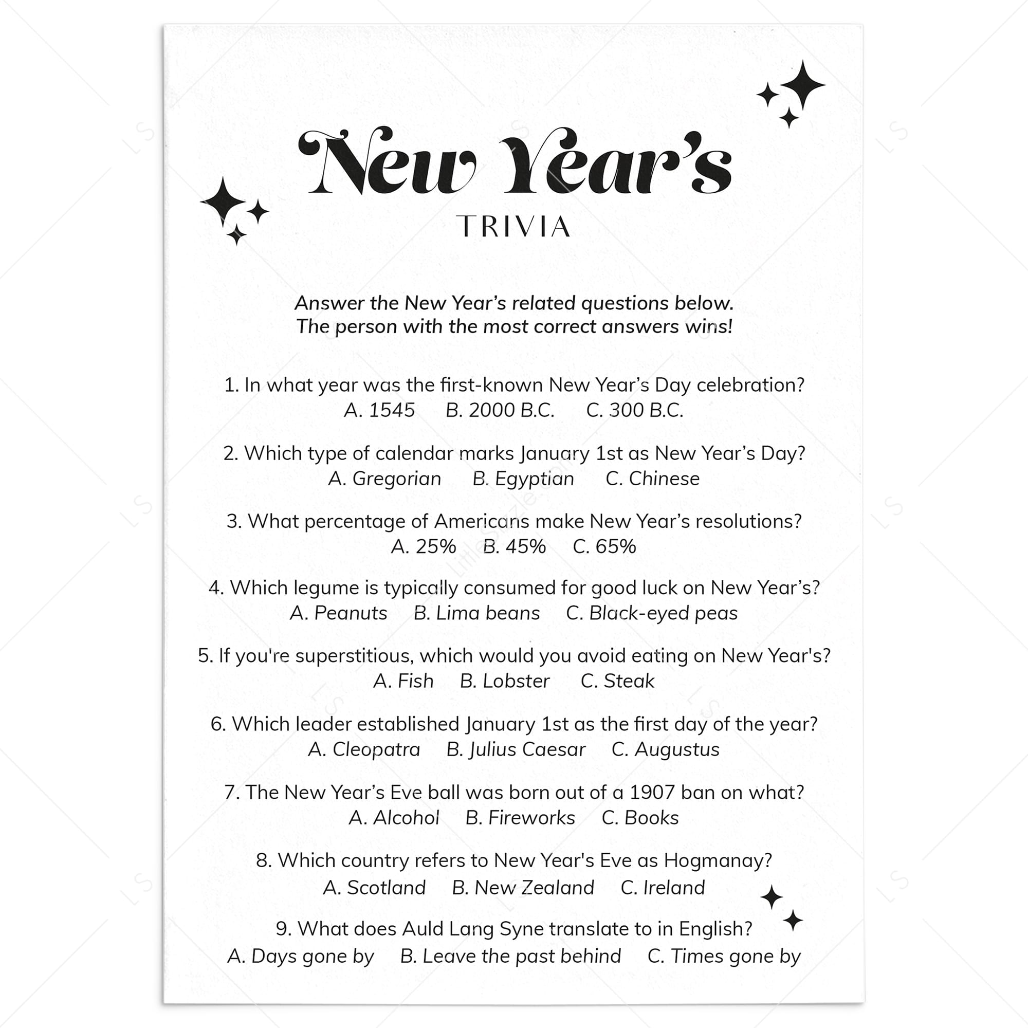 New Year's Eve Trivia Questions and Answers Printable by LittleSizzle