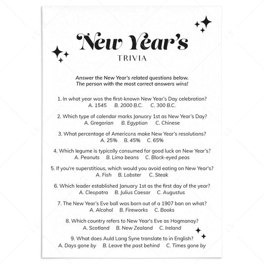 New Year's Eve Trivia Questions and Answers Printable by LittleSizzle