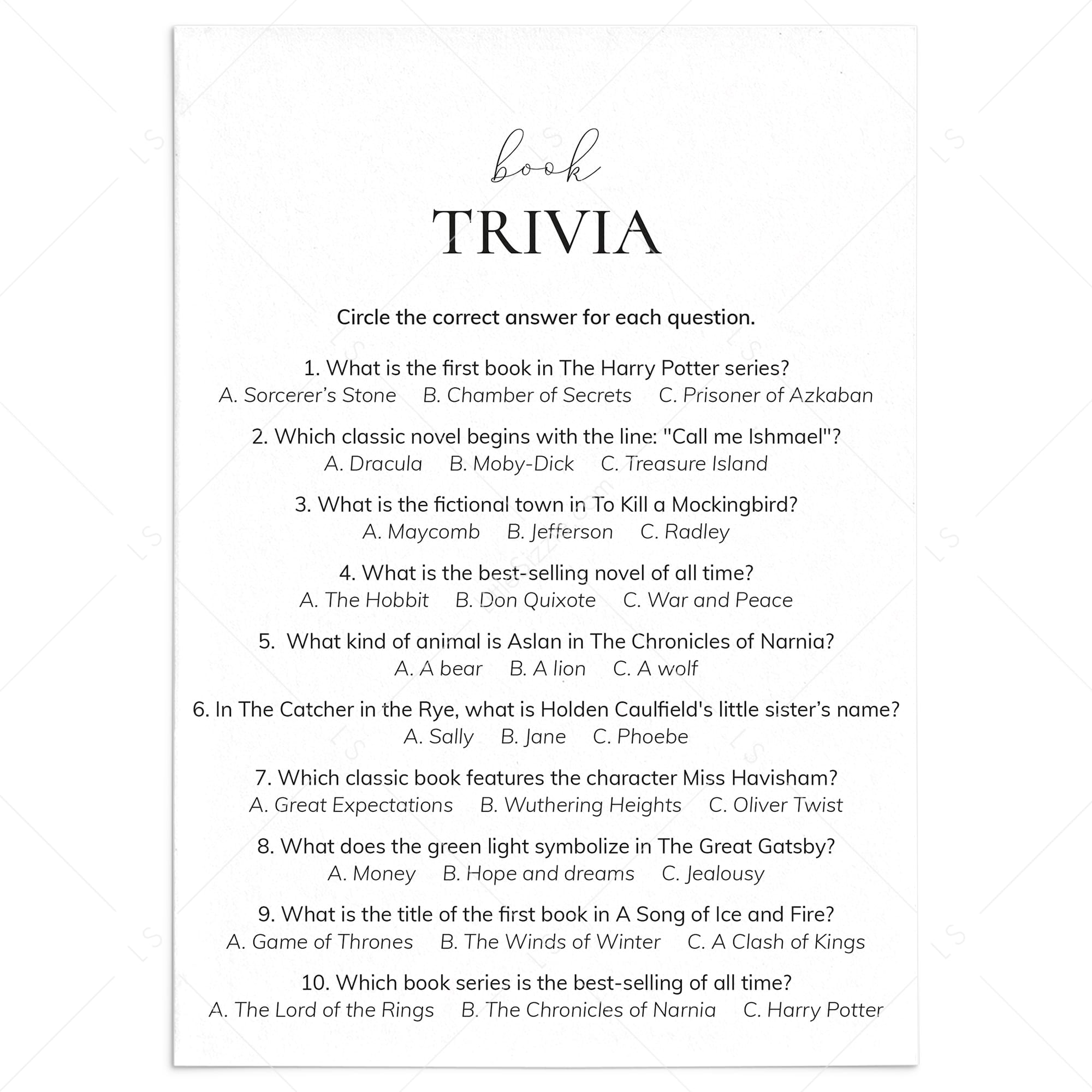 Book Trivia Quiz with 10 Multiple Choice Questions and Answers Printable by LittleSizzle