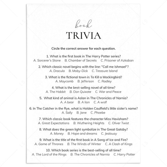 Book Trivia Quiz with 10 Multiple Choice Questions and Answers Printable by LittleSizzle