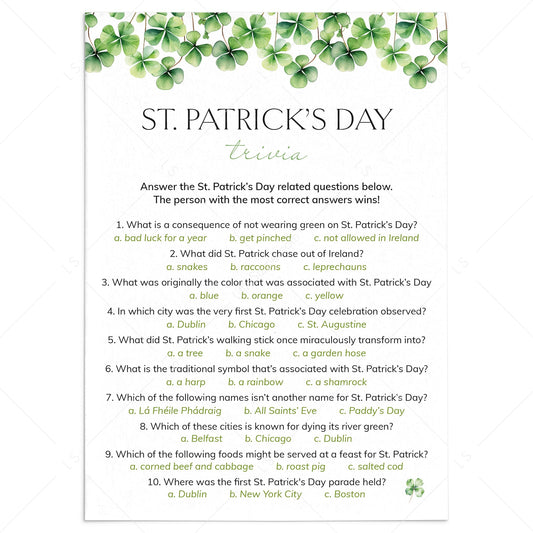 St Patties Day Trivia with Answer Key Printable by LittleSizzle